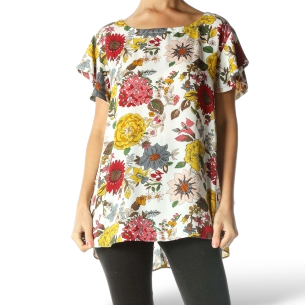 Floral Design on Cream Top Shirt Blouse w/Cut-out Back Detail & Cap Sleeve, sz S